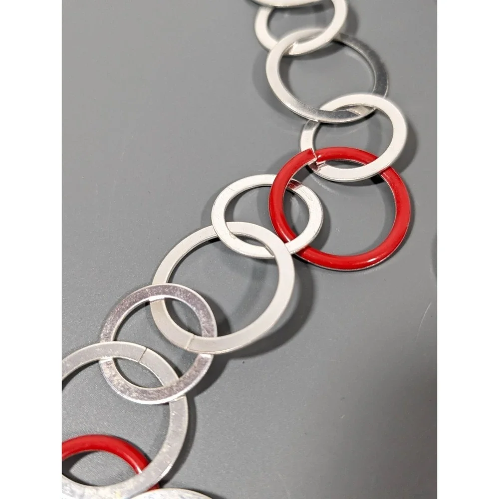 Modernist Silver Tone Red Round Chain Link Long‎ Necklace Statement 32